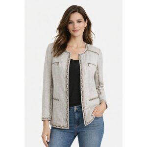 Chicos Linen Blend Jacket Womens Size 2 Neutral Snakeskin Trim Open Front